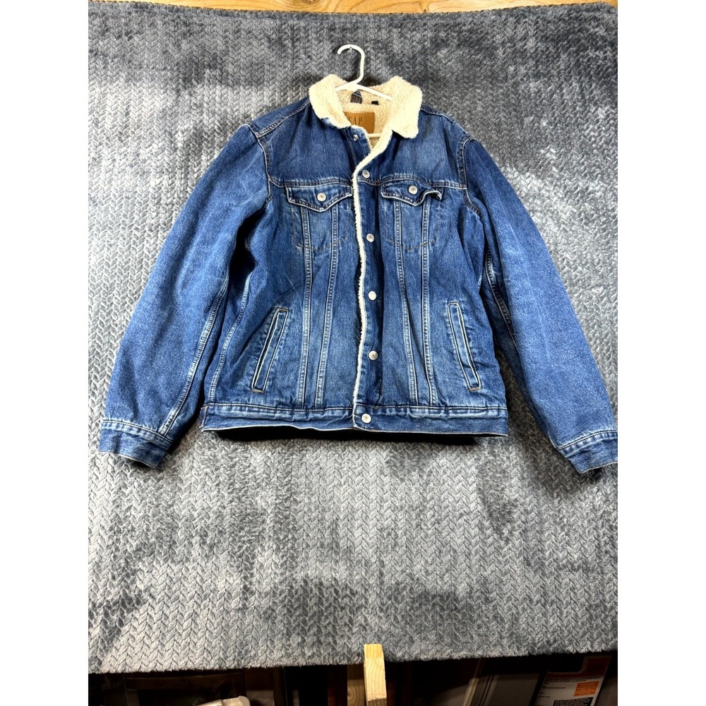 Gap Denim Trucker Jacket Mens Large Blue Sherpa Fleece Lined Cotton Button Front